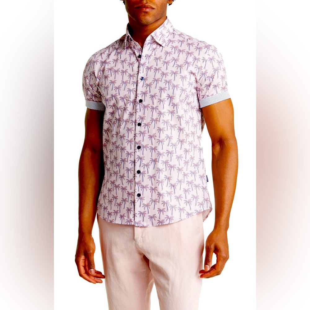 Stone Rose Trim Fit Palm Print Short Sleeve Button Down Shirt - size XL